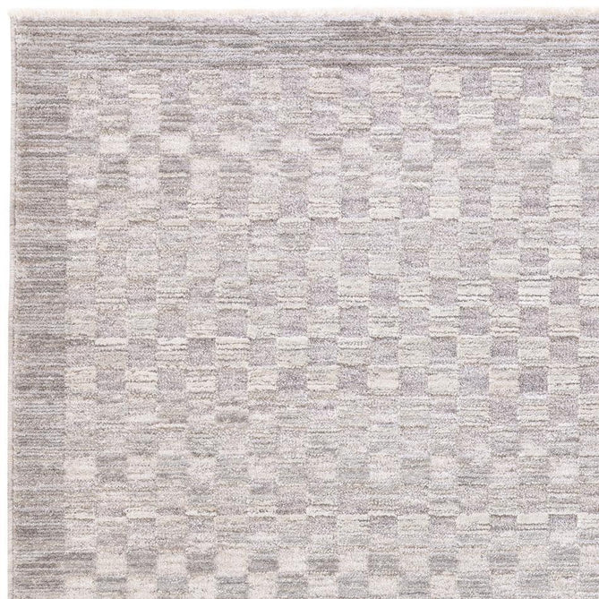 Laurent LA02 Modern Plain Distressed Subtle Geometric Checker Space-Dyed Tonal Textured Soft-Touch Durable Fine Yarn Polyester Low Profile Dense Short Pile Fringe Light Grey/Cream Rug-Asiatic Carpets-Rug Love - The Most Loved Rug Store