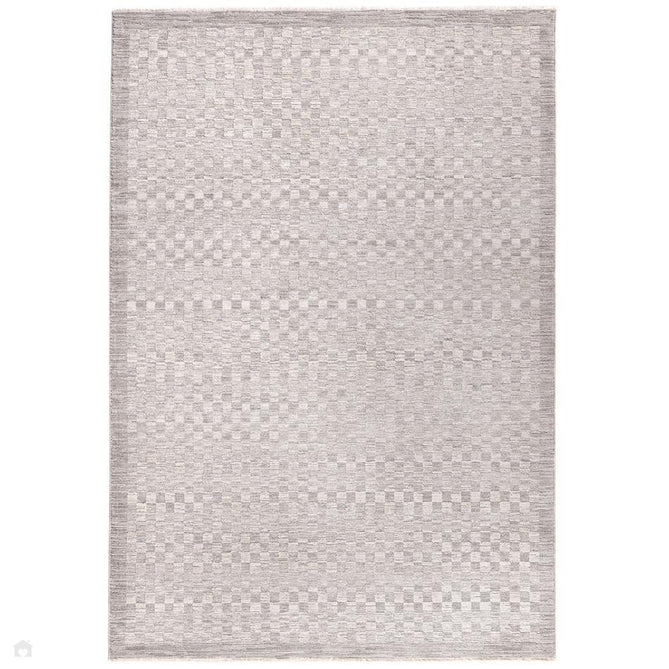 Laurent LA02 Modern Plain Distressed Subtle Geometric Checker Space-Dyed Tonal Textured Soft-Touch Durable Fine Yarn Polyester Low Profile Dense Short Pile Fringe Light Grey/Cream Rug-Asiatic Carpets-Rug Love - The Most Loved Rug Store