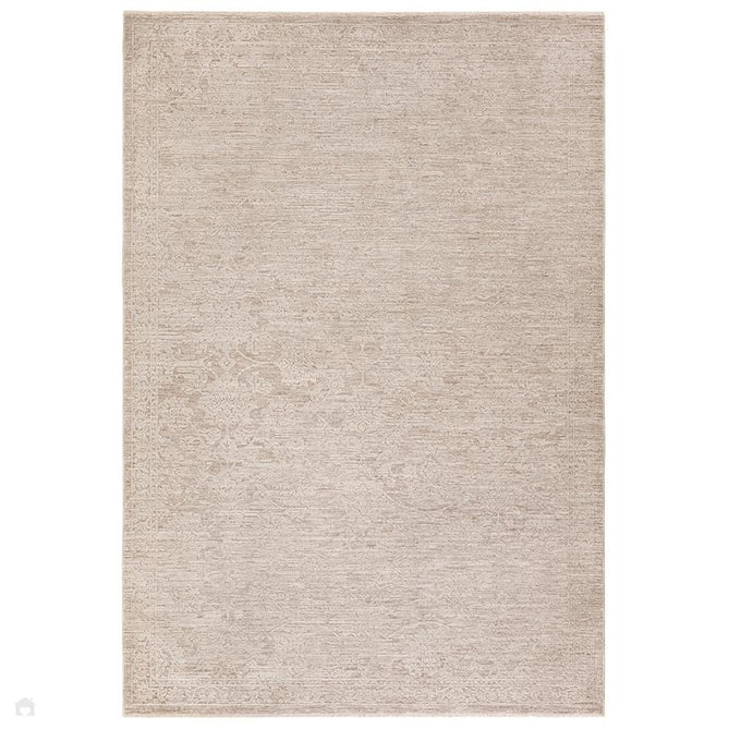 Laurent LA04 Modern Plain Distressed Subtle Abstract Damask Floral Motif Space-Dyed Tonal Textured Soft-Touch Durable Fine Yarn Polyester Low Profile Dense Short Pile Fringe Warm Beige/Stone Grey/Ivory Rug-Asiatic Carpets-Rug Love - The Most Loved Rug Store