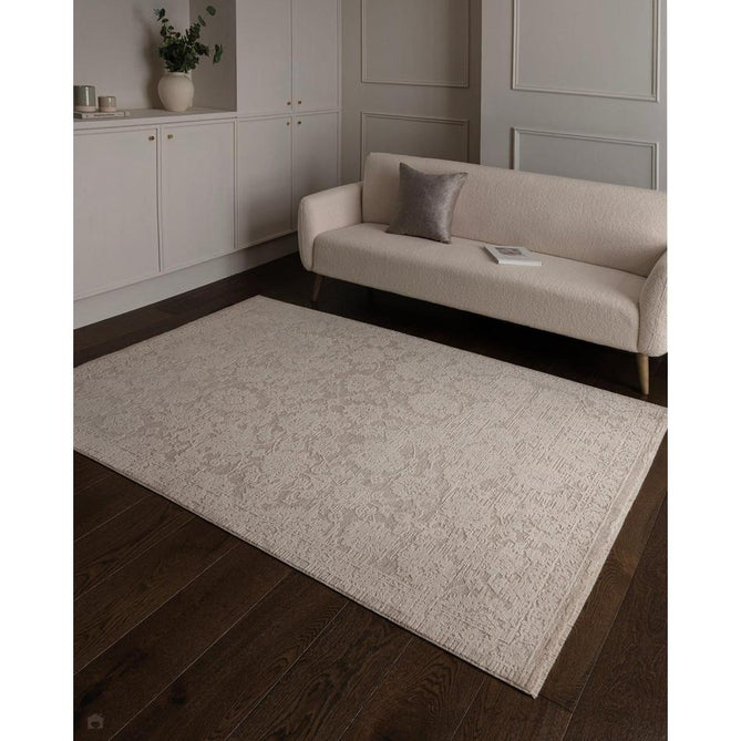 Laurent LA04 Modern Plain Distressed Subtle Abstract Damask Floral Motif Space-Dyed Tonal Textured Soft-Touch Durable Fine Yarn Polyester Low Profile Dense Short Pile Fringe Warm Beige/Stone Grey/Ivory Rug-Asiatic Carpets-Rug Love - The Most Loved Rug Store