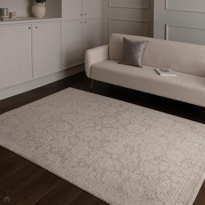 Laurent LA04 Modern Plain Distressed Subtle Abstract Damask Floral Motif Space-Dyed Tonal Textured Soft-Touch Durable Fine Yarn Polyester Low Profile Dense Short Pile Fringe Warm Beige/Stone Grey/Ivory Rug-Asiatic Carpets-Rug Love - The Most Loved Rug Store