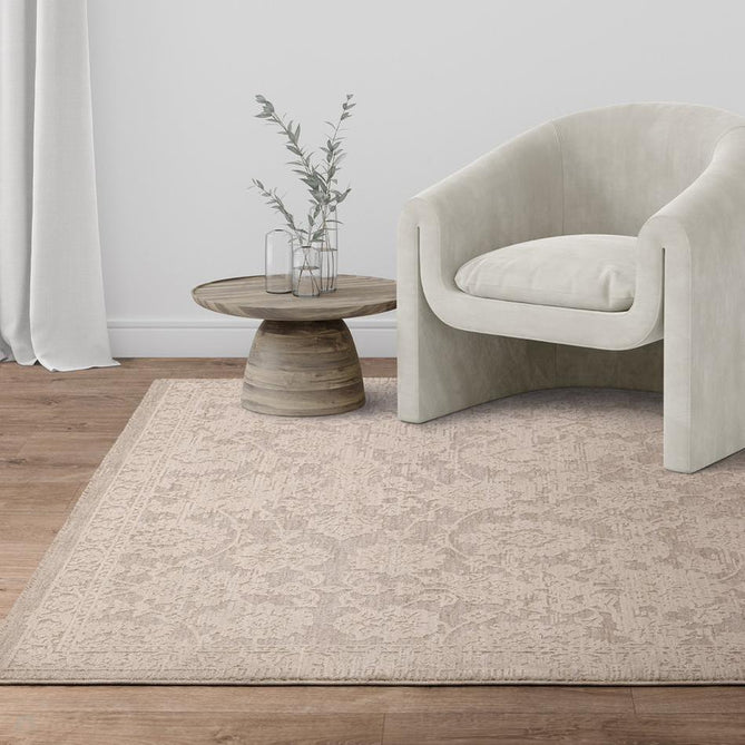 Laurent LA04 Modern Plain Distressed Subtle Abstract Damask Floral Motif Space-Dyed Tonal Textured Soft-Touch Durable Fine Yarn Polyester Low Profile Dense Short Pile Fringe Warm Beige/Stone Grey/Ivory Rug-Asiatic Carpets-Rug Love - The Most Loved Rug Store