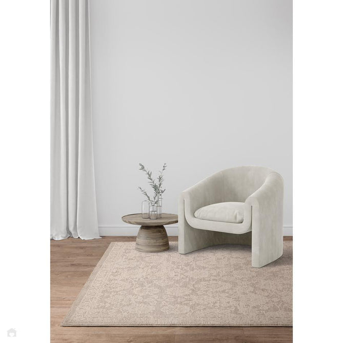 Laurent LA04 Modern Plain Distressed Subtle Abstract Damask Floral Motif Space-Dyed Tonal Textured Soft-Touch Durable Fine Yarn Polyester Low Profile Dense Short Pile Fringe Warm Beige/Stone Grey/Ivory Rug-Asiatic Carpets-Rug Love - The Most Loved Rug Store