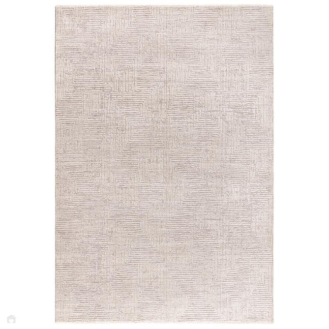 Laurent LA05 Modern Plain Distressed Subtle Geometric Maze Space-Dyed Tonal Textured Soft-Touch Durable Fine Yarn Polyester Low Profile Dense Short Pile Fringe Soft Grey/Cream Beige Rug-Asiatic Carpets-Rug Love - The Most Loved Rug Store