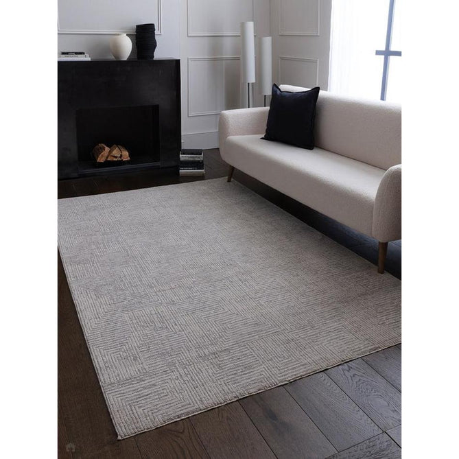 Laurent LA05 Modern Plain Distressed Subtle Geometric Maze Space-Dyed Tonal Textured Soft-Touch Durable Fine Yarn Polyester Low Profile Dense Short Pile Fringe Soft Grey/Cream Beige Rug-Asiatic Carpets-Rug Love - The Most Loved Rug Store