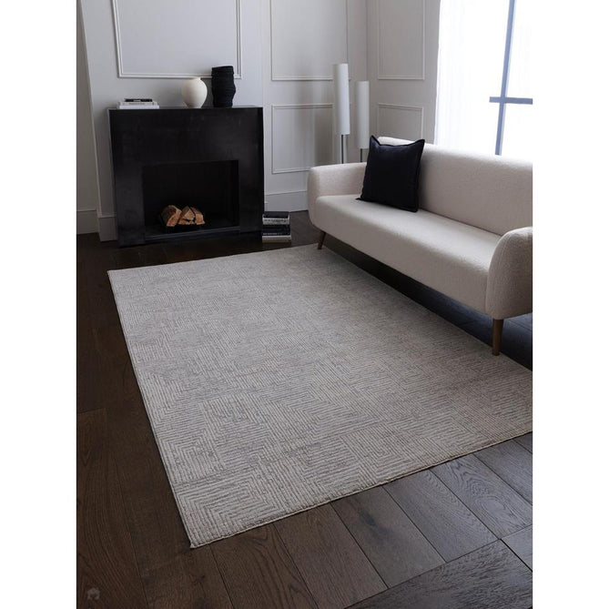 Laurent LA05 Modern Plain Distressed Subtle Geometric Maze Space-Dyed Tonal Textured Soft-Touch Durable Fine Yarn Polyester Low Profile Dense Short Pile Fringe Soft Grey/Cream Beige Rug-Asiatic Carpets-Rug Love - The Most Loved Rug Store