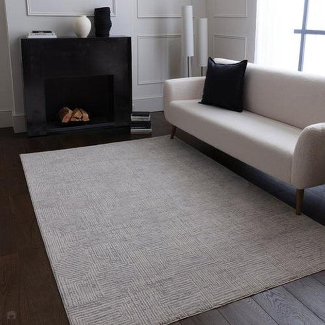 Laurent LA05 Modern Plain Distressed Subtle Geometric Maze Space-Dyed Tonal Textured Soft-Touch Durable Fine Yarn Polyester Low Profile Dense Short Pile Fringe Soft Grey/Cream Beige Rug-Asiatic Carpets-Rug Love - The Most Loved Rug Store