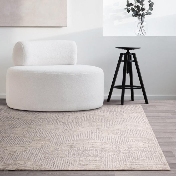 Laurent LA05 Modern Plain Distressed Subtle Geometric Maze Space-Dyed Tonal Textured Soft-Touch Durable Fine Yarn Polyester Low Profile Dense Short Pile Fringe Soft Grey/Cream Beige Rug-Asiatic Carpets-Rug Love - The Most Loved Rug Store
