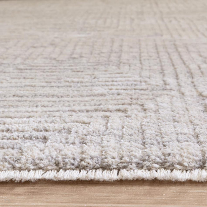 Laurent LA05 Modern Plain Distressed Subtle Geometric Maze Space-Dyed Tonal Textured Soft-Touch Durable Fine Yarn Polyester Low Profile Dense Short Pile Fringe Soft Grey/Cream Beige Rug-Asiatic Carpets-Rug Love - The Most Loved Rug Store