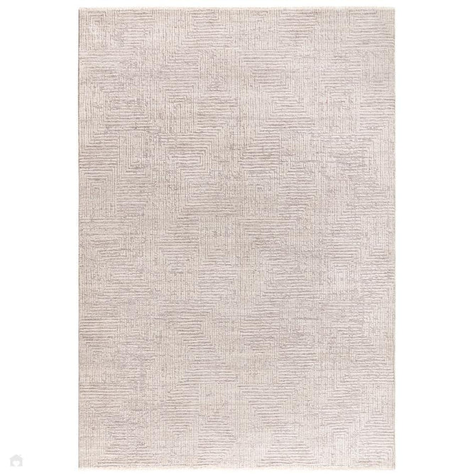 Laurent LA05 Modern Plain Distressed Subtle Geometric Maze Space-Dyed Tonal Textured Soft-Touch Durable Fine Yarn Polyester Low Profile Dense Short Pile Fringe Soft Grey/Cream Beige Rug-Asiatic Carpets-Rug Love - The Most Loved Rug Store