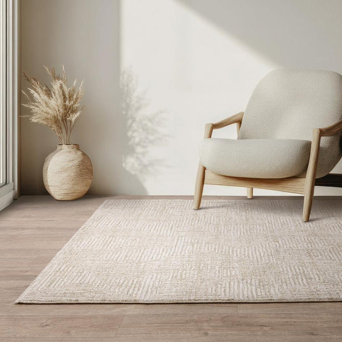 Laurent LA06 Modern Plain Distressed Subtle Geometric Maze Space-Dyed Tonal Textured Soft-Touch Durable Fine Yarn Polyester Low Profile Dense Short Pile Fringe Taupe Beige/Ivory Rug-Asiatic Carpets-Rug Love - The Most Loved Rug Store