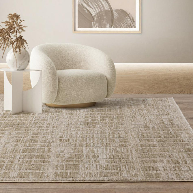 Laurent LA07 Modern Plain Distressed Abstract Subtle Rectangular Grid Space-Dyed Tonal Textured Soft-Touch Durable Fine Yarn Polyester Low Profile Dense Short Pile Fringe Taupe Beige/Cream/Sand Rug-Asiatic Carpets-Rug Love - The Most Loved Rug Store