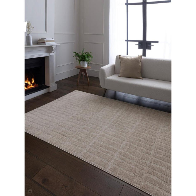 Laurent LA08 Modern Plain Distressed Abstract Subtle Rectangular Grid Space-Dyed Tonal Textured Soft-Touch Durable Fine Yarn Polyester Low Profile Dense Short Pile Fringe Warm Beige/Cream Rug-Asiatic Carpets-Rug Love - The Most Loved Rug Store