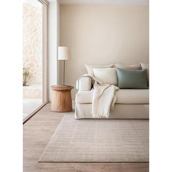 Laurent LA08 Modern Plain Distressed Abstract Subtle Rectangular Grid Space-Dyed Tonal Textured Soft-Touch Durable Fine Yarn Polyester Low Profile Dense Short Pile Fringe Warm Beige/Cream Rug-Asiatic Carpets-Rug Love - The Most Loved Rug Store
