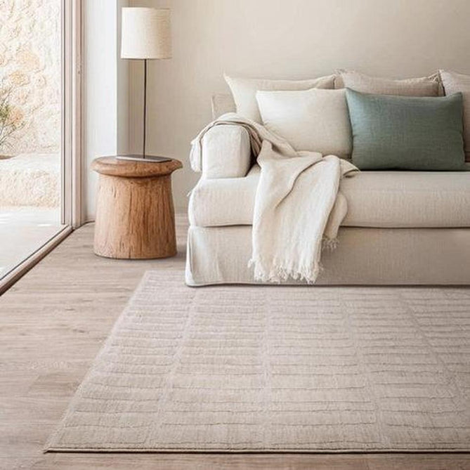 Laurent LA08 Modern Plain Distressed Abstract Subtle Rectangular Grid Space-Dyed Tonal Textured Soft-Touch Durable Fine Yarn Polyester Low Profile Dense Short Pile Fringe Warm Beige/Cream Rug-Asiatic Carpets-Rug Love - The Most Loved Rug Store