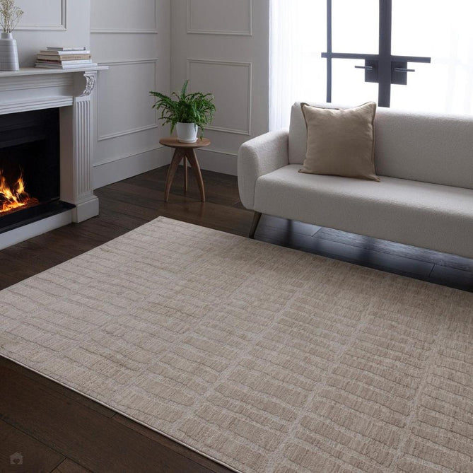 Laurent LA08 Modern Plain Distressed Abstract Subtle Rectangular Grid Space-Dyed Tonal Textured Soft-Touch Durable Fine Yarn Polyester Low Profile Dense Short Pile Fringe Warm Beige/Cream Rug-Asiatic Carpets-Rug Love - The Most Loved Rug Store