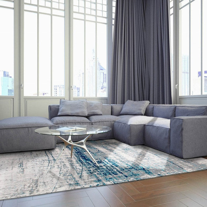 Louis De Poortere Mad Men Griff 8421 Bronx Azurite Washable Polyester Flatweave Pale Silver/Steel Grey/Azurite Blue/Sky Blue Eco-Rug-Louis De Poortere-Rug Love - The Most Loved Rug Store