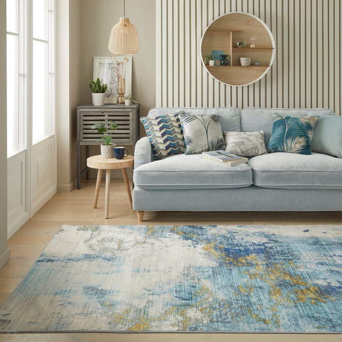 Lux Washable LUX04 Modern Abstract Distressed Soft-Touch Silky Smooth Faux Rabbit Fur Polyester Short Pile Blue/Gold Rug-Concept Looms-Rug Love - The Most Loved Rug Store