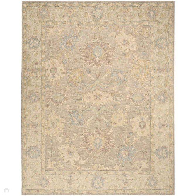 Maison MSO01 Traditional Persian Vintage Oushak Floral Border Hand-Knotted Sculpted Textured Hi-Low Aged Patina Wool Loop Pile Taupe/Ivory Rug-Nourison-Rug Love - The Most Loved Rug Store