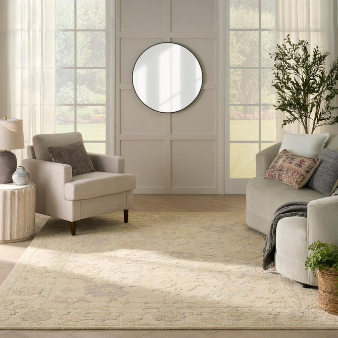 Maison MSO02 Traditional Persian Vintage Oushak Floral Border Hand-Knotted Sculpted Textured Hi-Low Aged Patina Wool Loop Pile Ivory Rug-Nourison-Rug Love - The Most Loved Rug Store