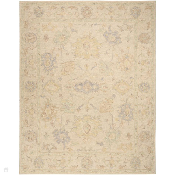 Maison MSO02 Traditional Persian Vintage Oushak Floral Border Hand-Knotted Sculpted Textured Hi-Low Aged Patina Wool Loop Pile Ivory Rug-Nourison-Rug Love - The Most Loved Rug Store
