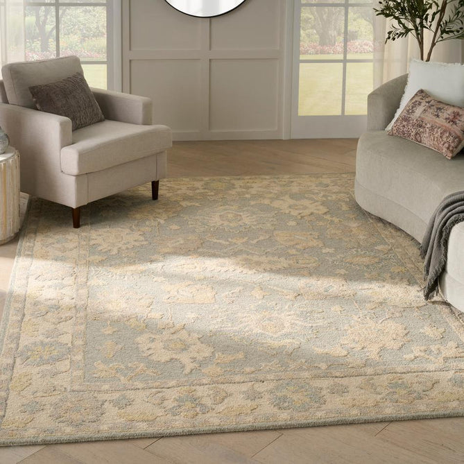 Maison MSO03 Traditional Persian Vintage Oushak Floral Border Hand-Knotted Sculpted Textured Hi-Low Aged Patina Wool Loop Pile Blue/Ivory Rug-Nourison-Rug Love - The Most Loved Rug Store