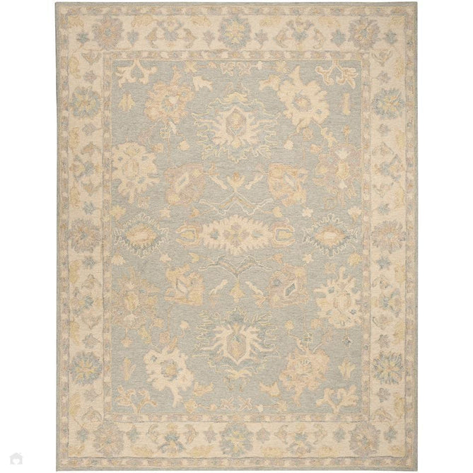 Maison MSO03 Traditional Persian Vintage Oushak Floral Border Hand-Knotted Sculpted Textured Hi-Low Aged Patina Wool Loop Pile Blue/Ivory Rug-Nourison-Rug Love - The Most Loved Rug Store