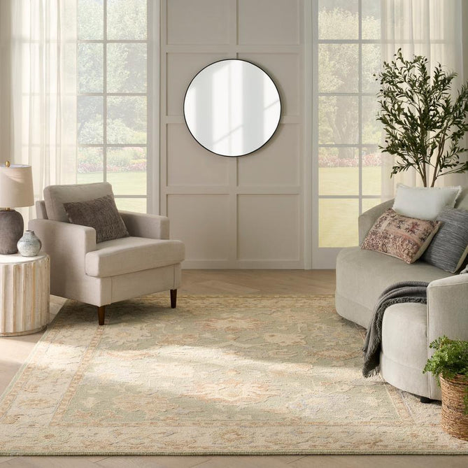 Maison MSO05 Traditional Persian Vintage Oushak Floral Border Hand-Knotted Sculpted Textured Hi-Low Aged Patina Wool Loop Pile Sage/Ivory Rug-Nourison-Rug Love - The Most Loved Rug Store