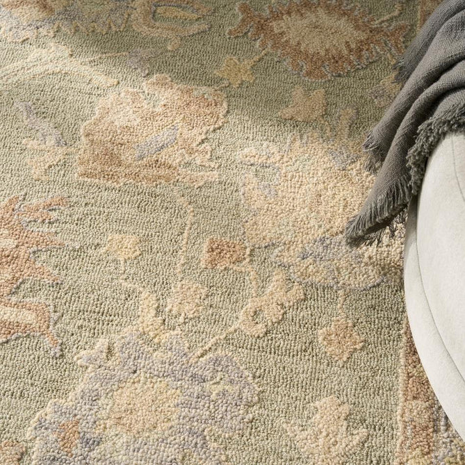 Maison MSO05 Traditional Persian Vintage Oushak Floral Border Hand-Knotted Sculpted Textured Hi-Low Aged Patina Wool Loop Pile Sage/Ivory Rug-Nourison-Rug Love - The Most Loved Rug Store