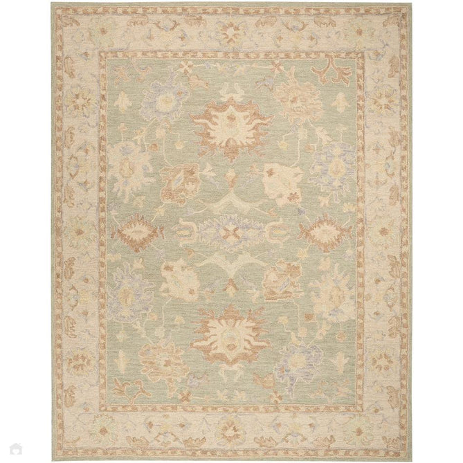 Maison MSO05 Traditional Persian Vintage Oushak Floral Border Hand-Knotted Sculpted Textured Hi-Low Aged Patina Wool Loop Pile Sage/Ivory Rug-Nourison-Rug Love - The Most Loved Rug Store