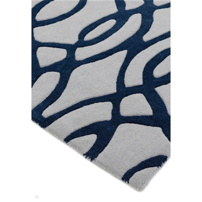 Matrix MAX36 Wire Modern Geometric Hand-Woven High-Density Soft Textured Wool&Viscose Mix Soft Grey/Navy Blue Runner-Asiatic Carpets-Rug Love - The Most Loved Rug Store