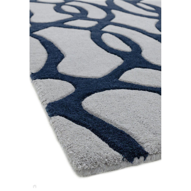 Matrix MAX36 Wire Modern Geometric Hand-Woven High-Density Soft Textured Wool&Viscose Mix Soft Grey/Navy Blue Runner-Asiatic Carpets-Rug Love - The Most Loved Rug Store