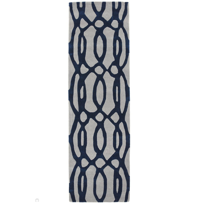 Matrix MAX36 Wire Modern Geometric Hand-Woven High-Density Soft Textured Wool&Viscose Mix Soft Grey/Navy Blue Runner-Asiatic Carpets-Rug Love - The Most Loved Rug Store