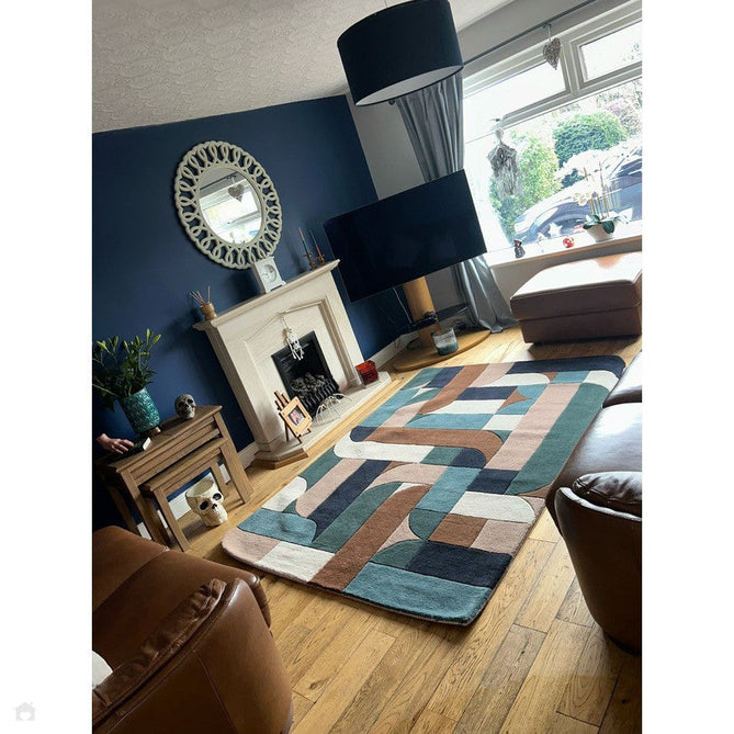 Matrix MAX89 Klotski Modern Geometric Hand-Woven High-Density Soft Textured Shimmer Wool & Viscose Blend Teal Blue/Navy/Ivory/Taupe/Chestnut/Charcoal Rug-Asiatic Carpets-Rug Love - The Most Loved Rug Store