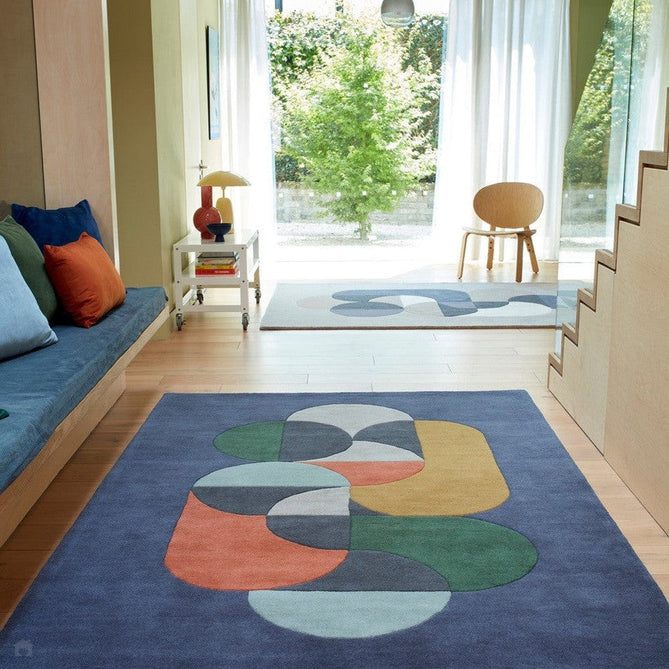 Matrix MAX91 Statement Modern Geometric Hand-Woven High-Density Soft Textured Shimmer Wool & Viscose Blend Deep Navy Blue/Multi Rug 200x300 cm