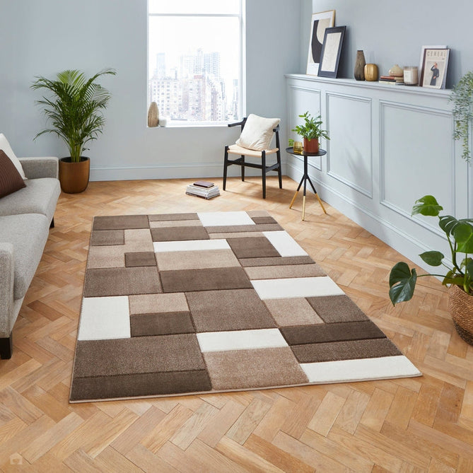 Matrix MT61 Modern Geometric Blocks Carved Soft Textured Easy-Care Durable Polypropylene Short Pile Brown/Beige/Cream Rug-Think Rugs-Rug Love - The Most Loved Rug Store