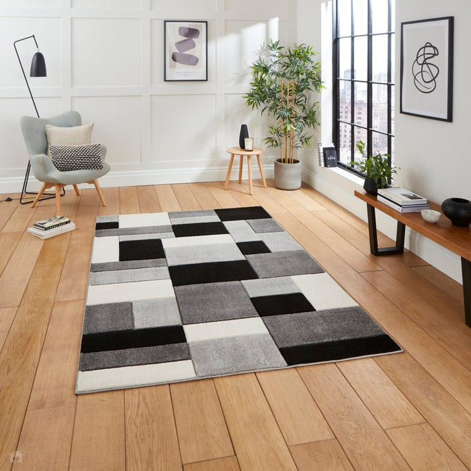 Matrix MT61 Modern Geometric Blocks Carved Soft Textured Easy-Care Durable Polypropylene Short Pile Grey/Black/Cream Rug-Think Rugs-Rug Love - The Most Loved Rug Store