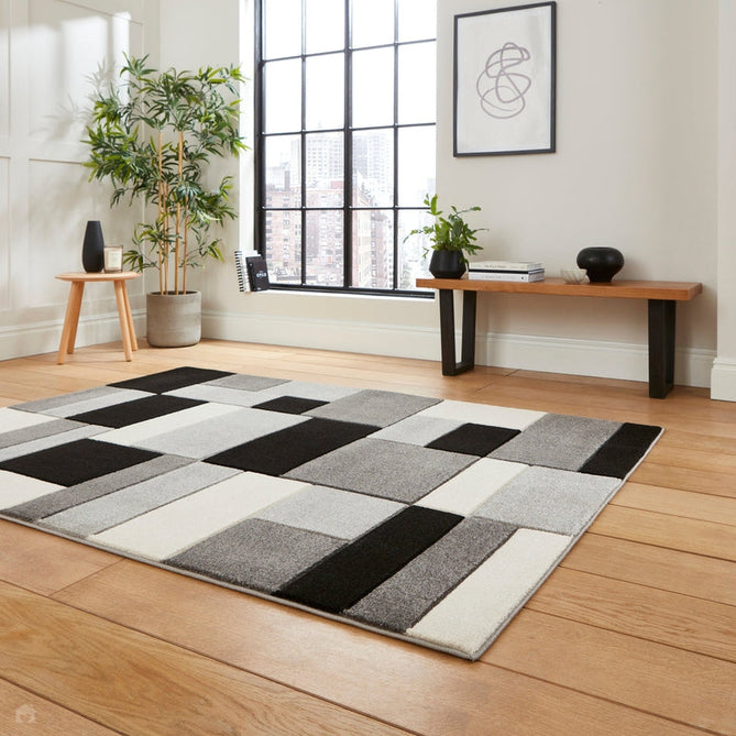 Matrix MT61 Modern Geometric Blocks Carved Soft Textured Easy-Care Durable Polypropylene Short Pile Grey/Black/Cream Rug-Think Rugs-Rug Love - The Most Loved Rug Store