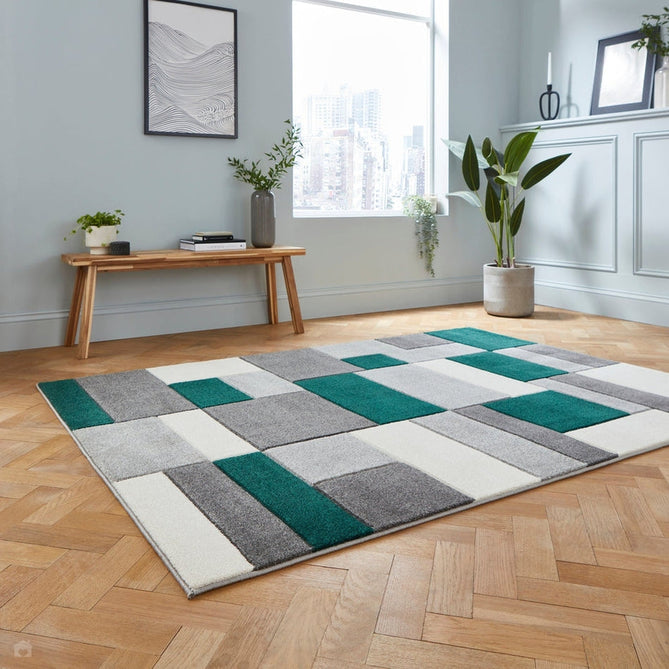 Matrix MT61 Modern Geometric Blocks Carved Soft Textured Easy-Care Durable Polypropylene Short Pile Grey/Green/Cream Rug-Think Rugs-Rug Love - The Most Loved Rug Store