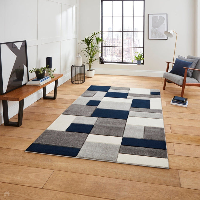 Matrix MT61 Modern Geometric Blocks Carved Soft Textured Easy-Care Durable Polypropylene Short Pile Grey/Navy/Cream Rug-Think Rugs-Rug Love - The Most Loved Rug Store