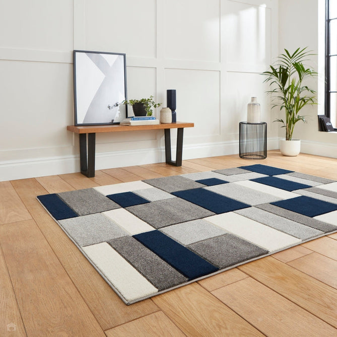 Matrix MT61 Modern Geometric Blocks Carved Soft Textured Easy-Care Durable Polypropylene Short Pile Grey/Navy/Cream Rug-Think Rugs-Rug Love - The Most Loved Rug Store