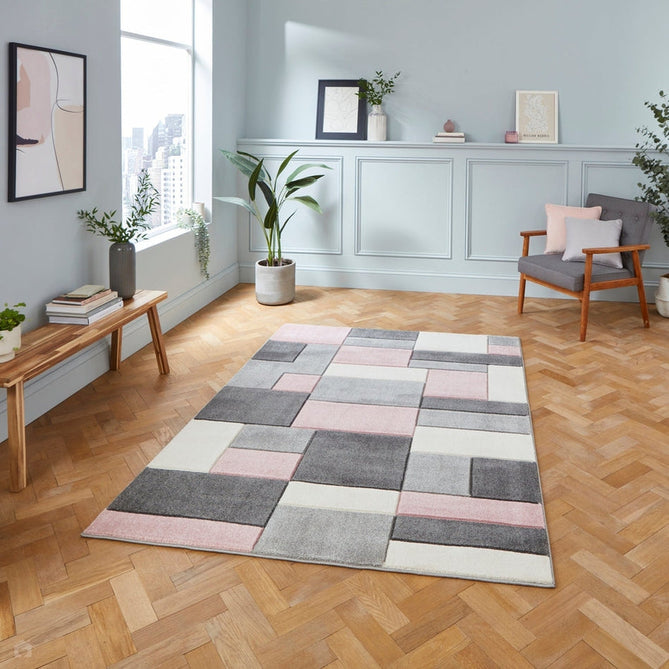 Matrix MT61 Modern Geometric Blocks Carved Soft Textured Easy-Care Durable Polypropylene Short Pile Grey/Rose/Cream Rug-Think Rugs-Rug Love - The Most Loved Rug Store