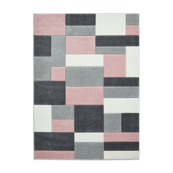 Matrix MT61 Modern Geometric Blocks Carved Soft Textured Easy-Care Durable Polypropylene Short Pile Grey/Rose/Cream Rug-Think Rugs-Rug Love - The Most Loved Rug Store