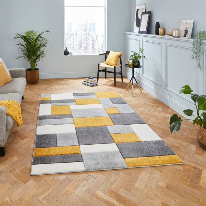 Matrix MT61 Modern Geometric Blocks Carved Soft Textured Easy-Care Durable Polypropylene Short Pile Grey/Yellow/Cream Rug-Think Rugs-Rug Love - The Most Loved Rug Store