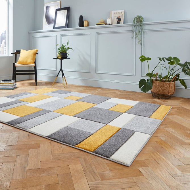Matrix MT61 Modern Geometric Blocks Soft Hand-Carved Grey/Yellow/Cream Rug-Think Rugs-Rug Love - The Most Loved Rug Store