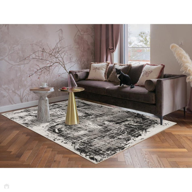Mayfair Canvas MAY02 Modern Abstract Distressed Metallic Shimmer Soft Velvety Touch Textured Polyester Low Profile Short Pile Jet Black/Steel Grey/Ivory/Charcoal Grey/Pewter Silver Rug-Desire Rugs-Rug Love - The Most Loved Rug Store