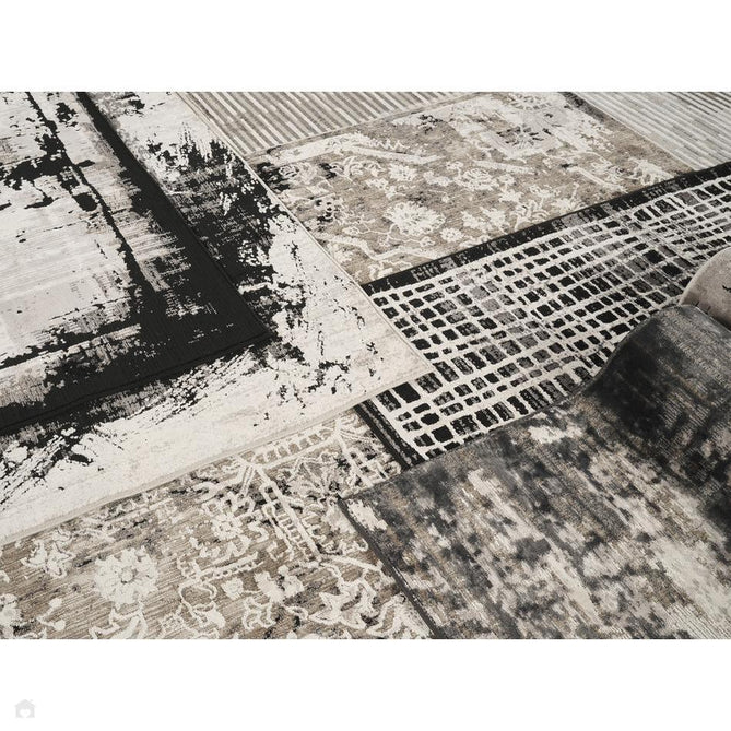 Mayfair Canvas MAY02 Modern Abstract Distressed Metallic Shimmer Soft Velvety Touch Textured Polyester Low Profile Short Pile Jet Black/Steel Grey/Ivory/Charcoal Grey/Pewter Silver Rug-Desire Rugs-Rug Love - The Most Loved Rug Store