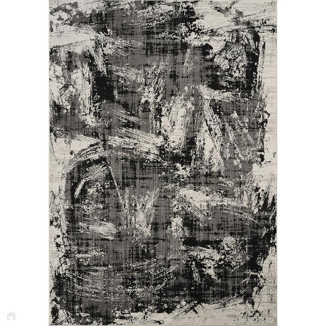 Mayfair Canvas MAY02 Modern Abstract Distressed Metallic Shimmer Soft Velvety Touch Textured Polyester Low Profile Short Pile Jet Black/Steel Grey/Ivory/Charcoal Grey/Pewter Silver Rug-Desire Rugs-Rug Love - The Most Loved Rug Store