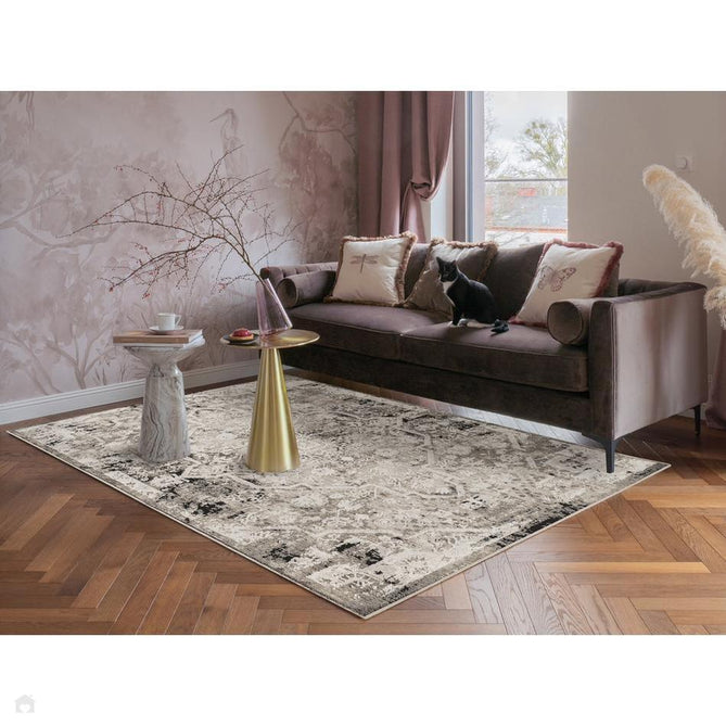 Mayfair Flora MAY04 Modern Vintage Medallion Distressed Metallic Shimmer Soft Velvety Touch Textured Polyester Low Profile Short Pile Warm Taupe/Stone Grey/Ivory/Charcoal Black/Ash Beige Rug-Desire Rugs-Rug Love - The Most Loved Rug Store