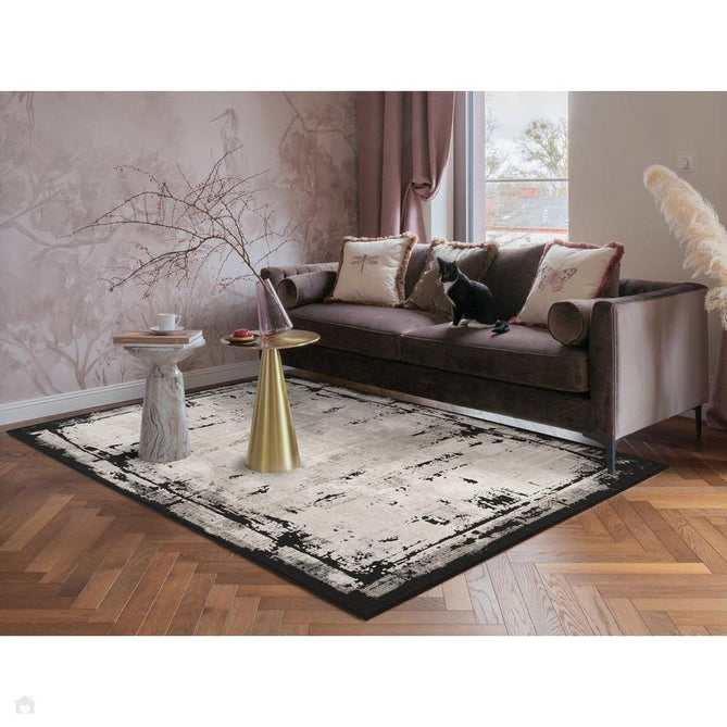 Mayfair Frame MAY05 Modern Abstract Distressed Metallic Shimmer Soft Velvety Touch Textured Polyester Low Profile Short Pile Ivory/Ash Grey/Charcoal Grey/Jet Black/Stone Beige Rug-Desire Rugs-Rug Love - The Most Loved Rug Store